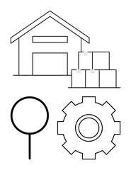 Warehouse icon, stacked boxes, magnifier, and gear symbolizing logistics, inventory management, productivity, problem-solving, operations supply chain and process improvement. Abstract line flat