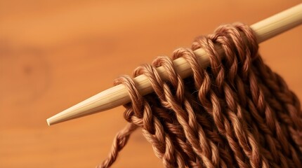 close up of a wooden knitting needle with warm brown yarn, space for copy