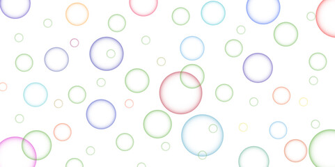 Blue, green, red, and pink realistic bubble background. 3d abstract foam sphere banner bg. Mixed colorful circle is suspending over a mixed size of black ring on a white background. 