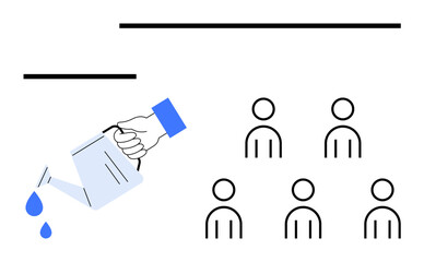 Hand with watering can pouring drops over five human-thumbs up stick figures. Ideal for growth, support, nurturing, development, teamwork, training, motivation. Line metaphor