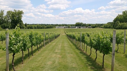 Naklejka premium Vineyard Rows Lead to Winery Building Under a Sunny Sky