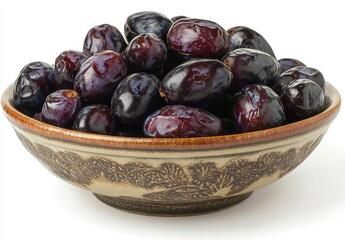 Obraz premium Fresh, Organic Black Plums in a Decorative Bowl on a White Background Perfect for Healthy Eating and Culinary Inspiration
