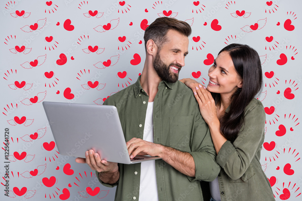 Poster Photo of affectionate married guy lady use netbook browsing web discount typing isolated over grey color background
