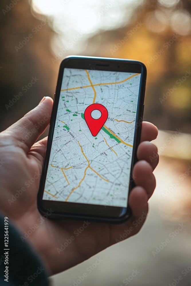 Aufkleber Person holds a smartphone showing a gps navigation app with a red location pin indicating a specific point on the map