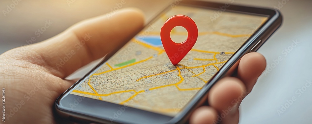 Poster Businessman using a smartphone for gps navigation with a red location pin on a city map