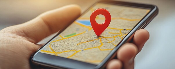 Businessman using a smartphone for gps navigation with a red location pin on a city map