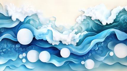 Ocean inspired abstract art with waves and bubbles