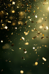 Sparkling golden confetti particles close up detail floating on dark olive green background. Birthday or holiday celebration banner.