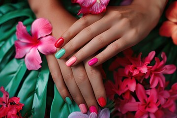 Fototapeta premium A captivating image of a model with perfectly manicured nails, showcasing the latest nail trends and colors.