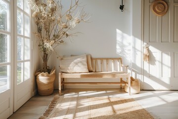 Japandi inspired entryway with wooden bench and natural decor