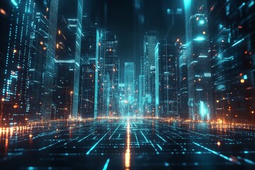 Obraz premium Futuristic digital city with glowing lines and abstract architecture.
