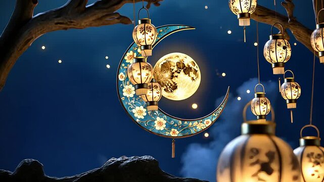 Ornate Crescent Moon and Hanging Lanterns Illuminated Against a Deep Blue Night Sky with a Glowing Full Moon

