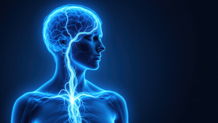 Vagus Nerve Stimulation represented with a stylized human head and neck with highlighted nerve pathways.