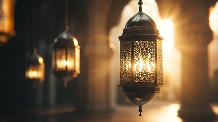 Ornate Lanterns Glow in Golden Mosque Light