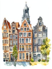 Naklejka premium Amsterdam Canal Houses Watercolor - Charming Amsterdam architecture, canal-side buildings, picturesque houses, Dutch heritage, watercolor art.