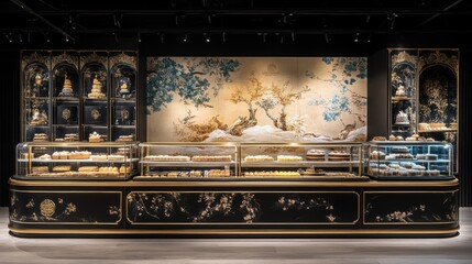 Elegant Bakery Display with Exquisite Pastries and Sophisticated Design