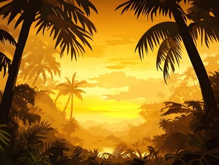 Golden Sunset Tropical Paradise: Lush Palm Trees and Tranquil Lagoon
