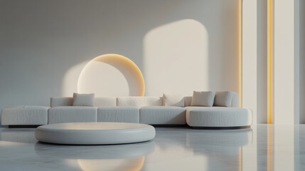 A stylish seating area featuring a luxurious modular sofa and circular coffee table, surrounded by clean, pale monochrome walls