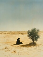 Solitude in the Desert: Silhouette of a lone figure seated beneath a solitary tree in the vast expanse of a desert, conveying a sense of introspection and tranquility.
