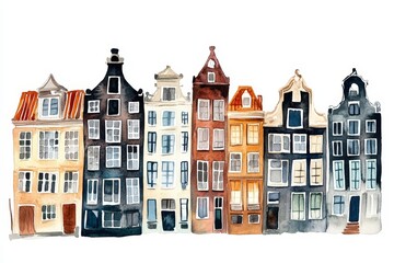 Obraz premium Charming Watercolor Row Houses - A charming watercolor painting of a row of colorful houses, perfect for travel, architecture, or home decor projects.