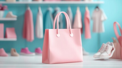 Pink shopping bag in boutique, clothes & shoes background
