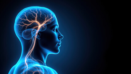 Illustration of a human head with highlighted Vagus Nerve Stimulation pathways.