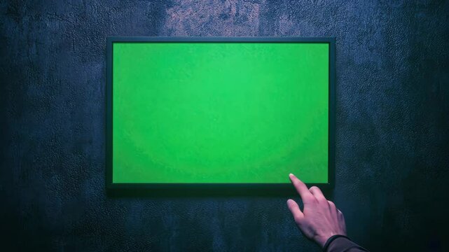 Person Touching Green Screen Display in Dark Puzzle Escape Room Setting with Interactive Technology and Digital Integration Concept for Creative Escape Experience
