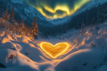 A snow-covered valley with a heart-shaped clearing in the forest, glowing with golden light as the northern lights dance above.
