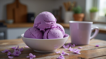 Lavender Ice Cream in a White Bowl with Matching Mug and Flower Petals on a Rustic Wooden Table