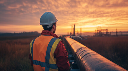 the background. Oil, energy industry, pipeline crossing a nature area. Environment safety issue.