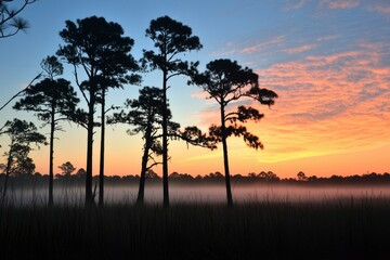 Fototapeta premium Silhouetted Pines at Sunrise Over Misty Marsh