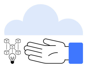 Hand with blue sleeve holding cloud, network blocks, light bulb. Ideal for technology, innovation, networking, creativity, support digital solutions cloud computing. Line metaphor