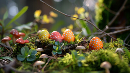 Colorful Easter Eggs in Forest Nest
