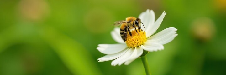 Wild bee collecting pollen from a single white flower, insects, wild