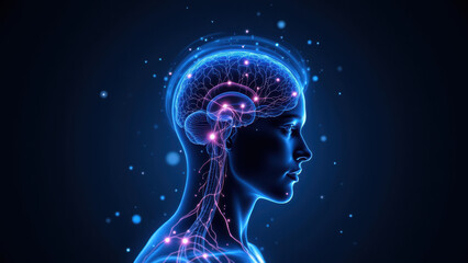 VNS, Vagus Nerve Stimulation, human head with illuminated brain circuitry against a blue sky backdrop.