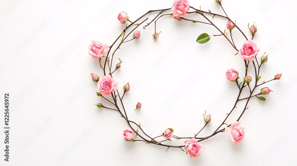 Poster round frame made of pink roses and branches on white background with copy space