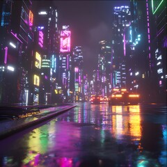 Obraz premium Cyberpunk City Street at Night Rain Reflection Neon Lights
