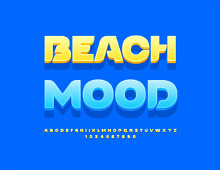 Fototapeta premium Vector Touristic concept Beach Mood. Sunny Yellow 3D Font. Beautiful Alphabet Letters and Numbers set.
