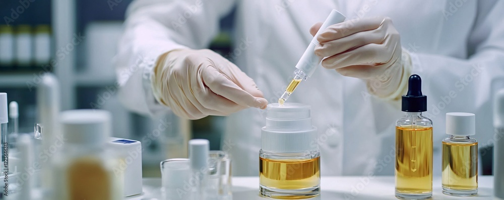 Aufkleber Scientist is carefully adding a drop of essential oil to a bottle using a pipette, surrounded by other bottles and lab equipment