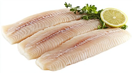 Fresh fillets of fish with lemon slice and herbs on white background
