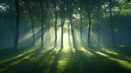 Obraz premium A misty forest at dawn with the first rays of sunlight filtering through the trees and casting long shadows