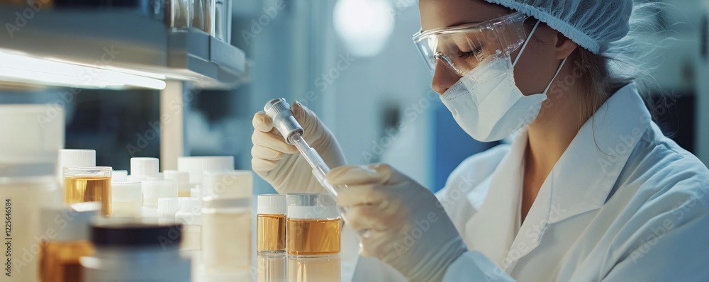 Poster Scientist is carefully working with samples in a modern laboratory using a pipette