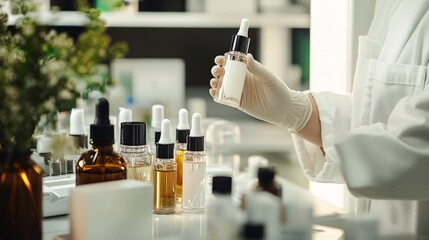In a laboratory, a scientist holds a dropper bottle of essential oil while conducting an experiment