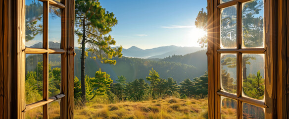 Fototapeta premium Open Window with a View of a Sunny Mountain Landscape