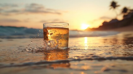 Sunset beach drink, ocean waves splash glass, tropical vacation
