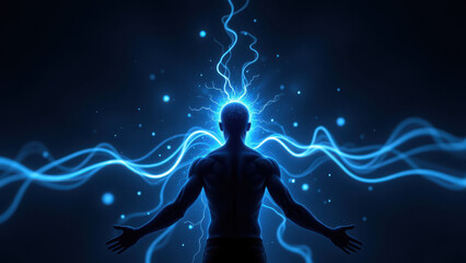 Vagus Nerve Stimulation - a human figure with an illuminated brain, symbolizing enlightenment or advanced cognitive enhancement through technology.