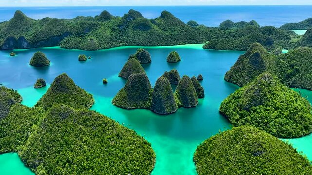 Aerial view of beautiful tropical islands and serene lagoon with clear blue water, Raja Ampat Regency, Indonesia.