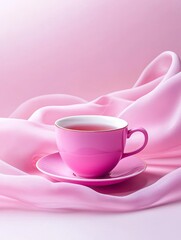 Pink Teacup on Silk Drape - A pink teacup filled with tea rests on a pink saucer atop a flowing pink silk fabric.