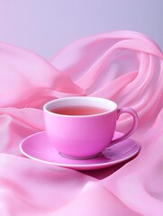 Pink Teacup and Saucer on Silk Drape - A pink teacup and saucer rest on a flowing pink silk fabric, symbolizing serenity, elegance, femininity, tranquility, and warmth.
