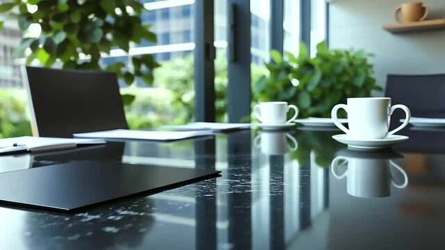 A rectangular nameplate with a matte black finish rests empty on a large granite conference table, with notebooks and coffee cups nearby.